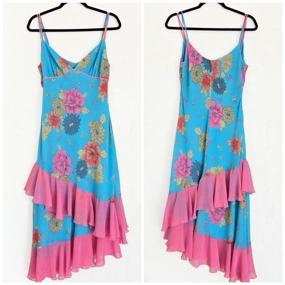 Bisou Bisou Floral Blue Pink Asymmetric Dress - Picture 9 of 9